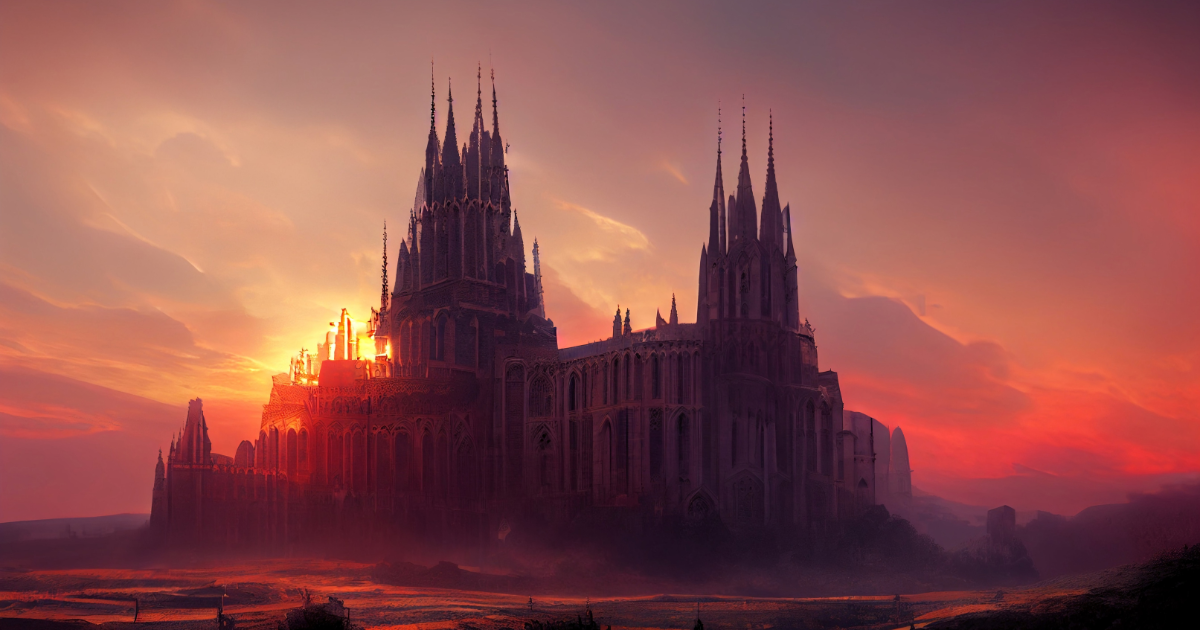 A gothic cathedral on a hill, cinematic sunset