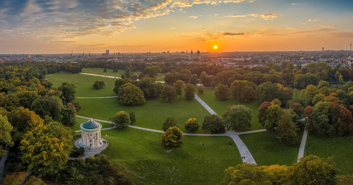 Aerial view at the early sunrise in the Englischer Garden of Munich, such a beautiful place in Bavaria, germany.
