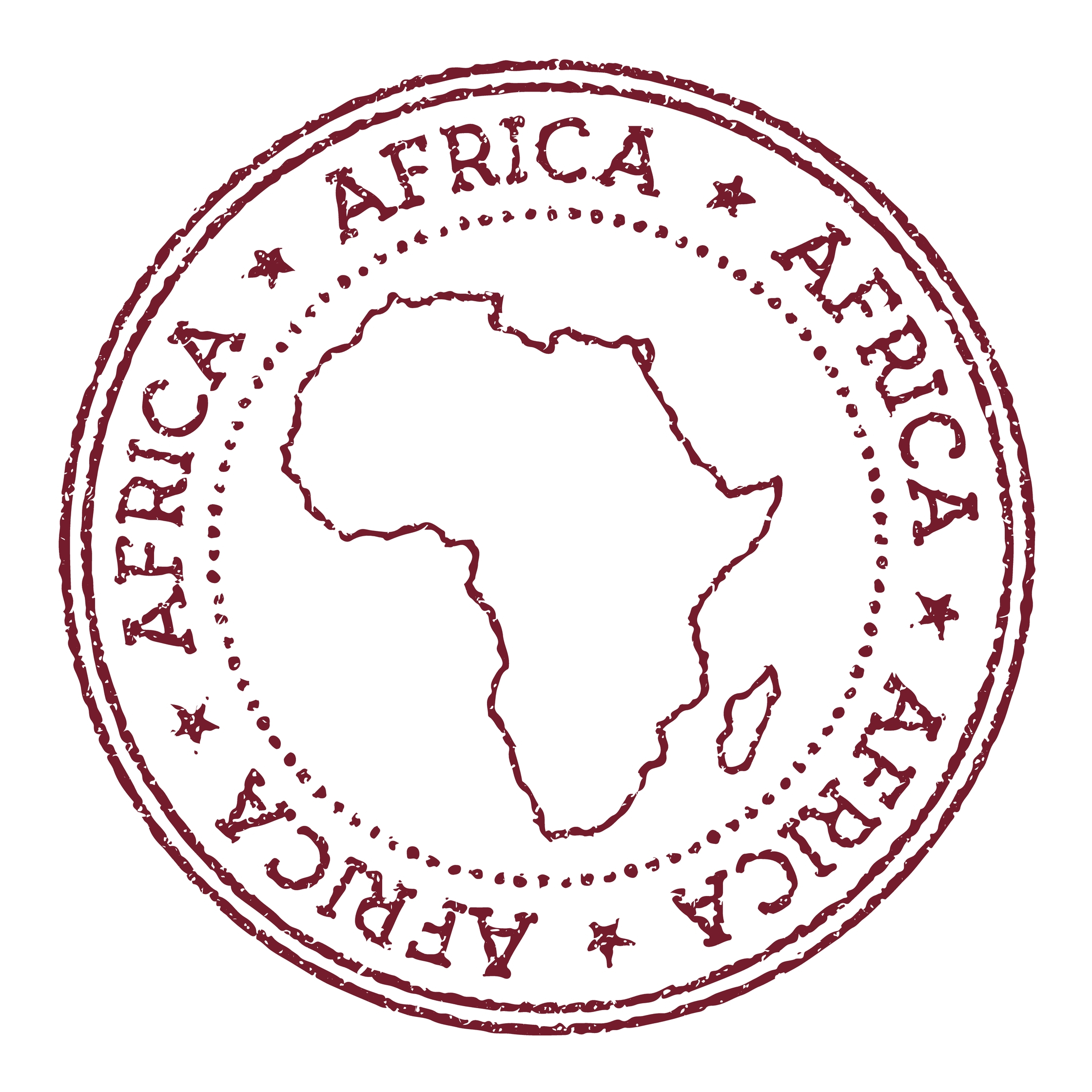 Destinations Round Rubber Postage Stamp, with an outline of the continent in the centre, and the word Africa written around the edge of the circle.