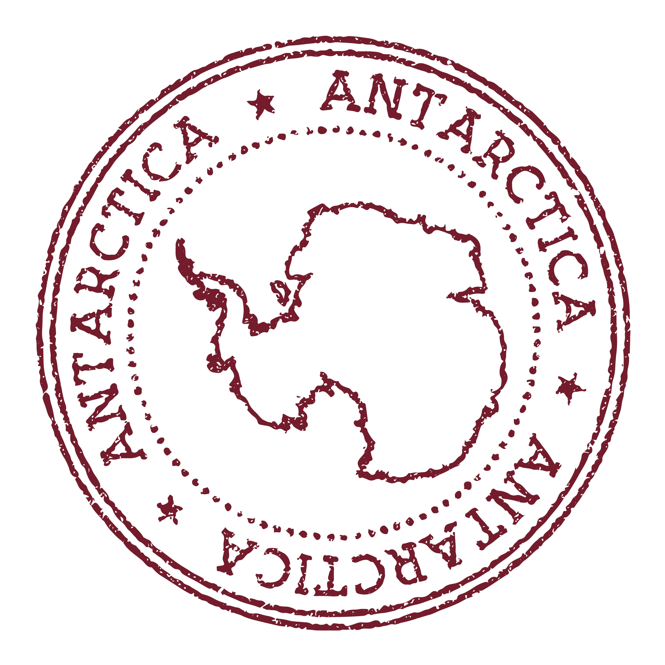 Destinations Round Rubber Postage Stamp, with an outline of the continent in the centre, and the word Antarctica written around the edge of the circle.