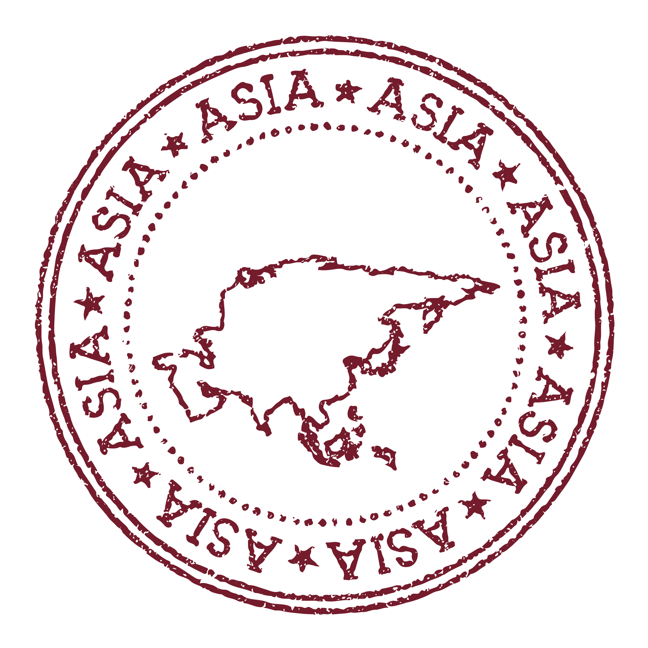 Destinations Round Rubber Postage Stamp, with an outline of the continent in the centre, and the word Asia written around the edge of the circle.