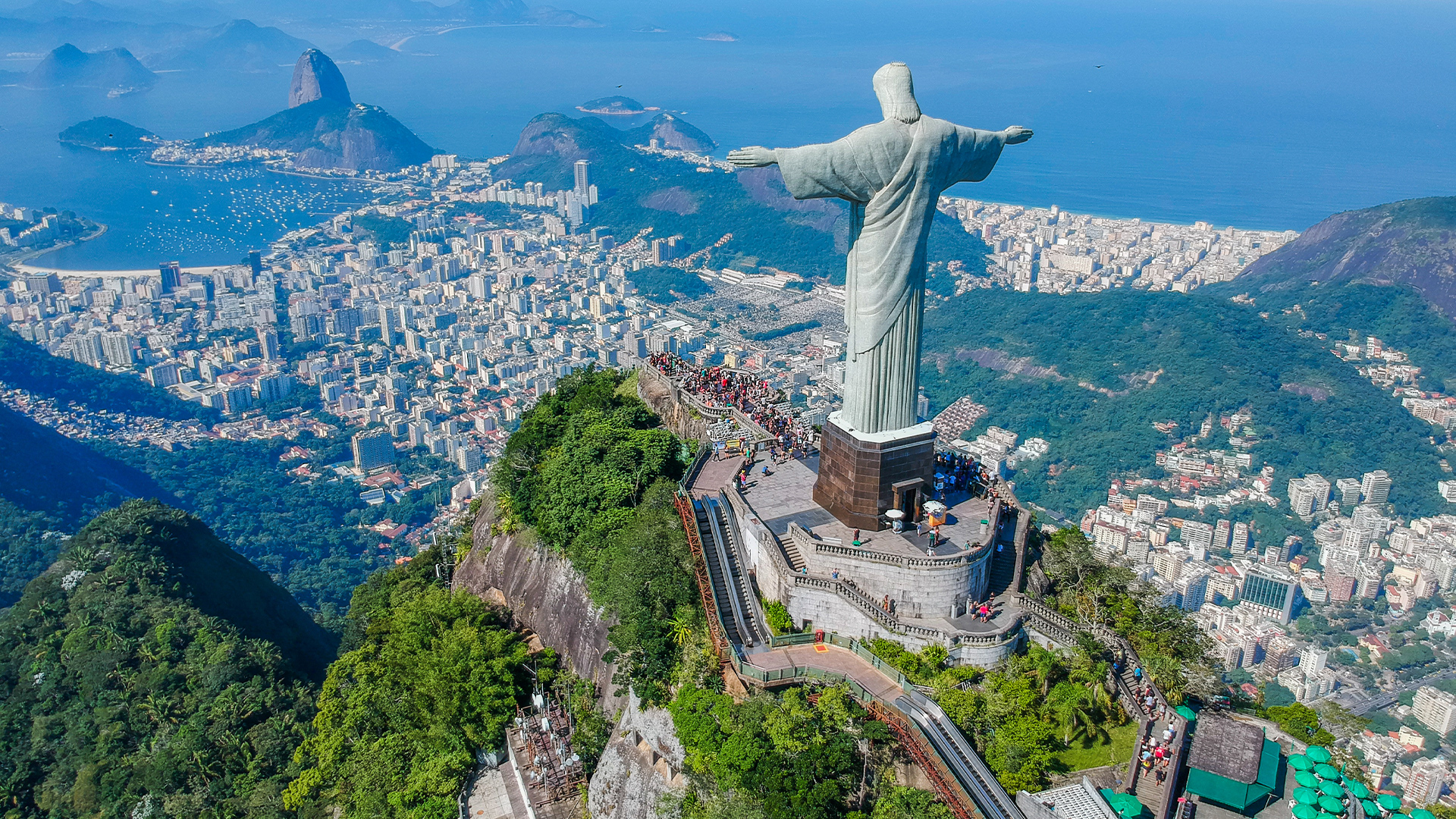 Destinations: Aerial view of Christ the Redeemer statue and Corcovado Mountain, overlooking Rio de Janeiro, Brazil, South America