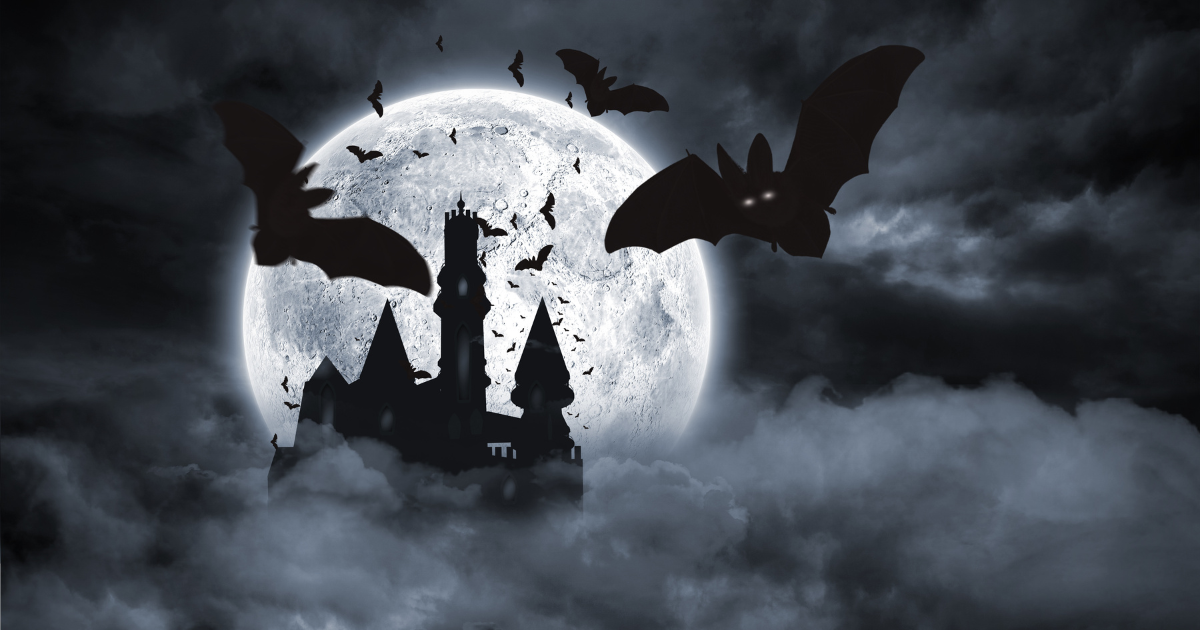 Digitally generated Bats flying from draculas castle