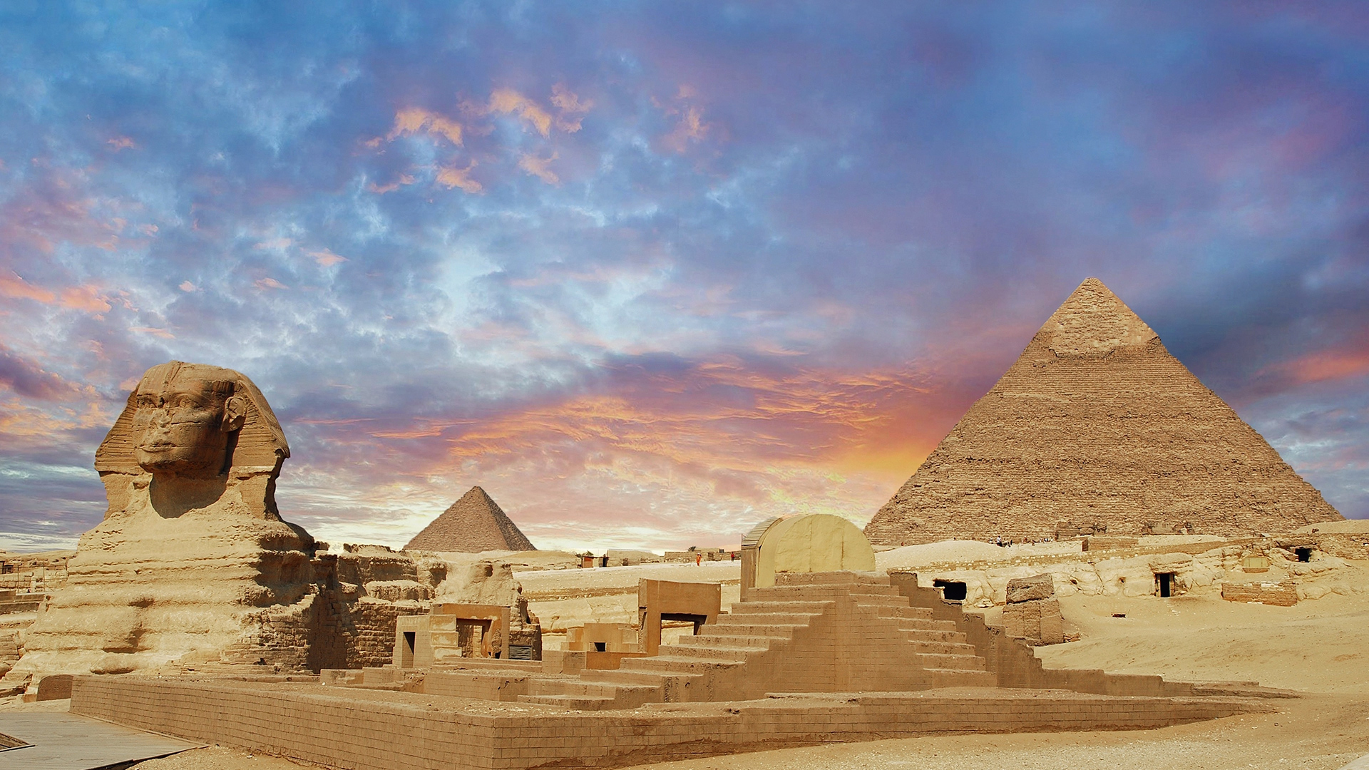 Destinations: The Great Sphinx and Pyramids of Giza at sunset, Egypt, Africa