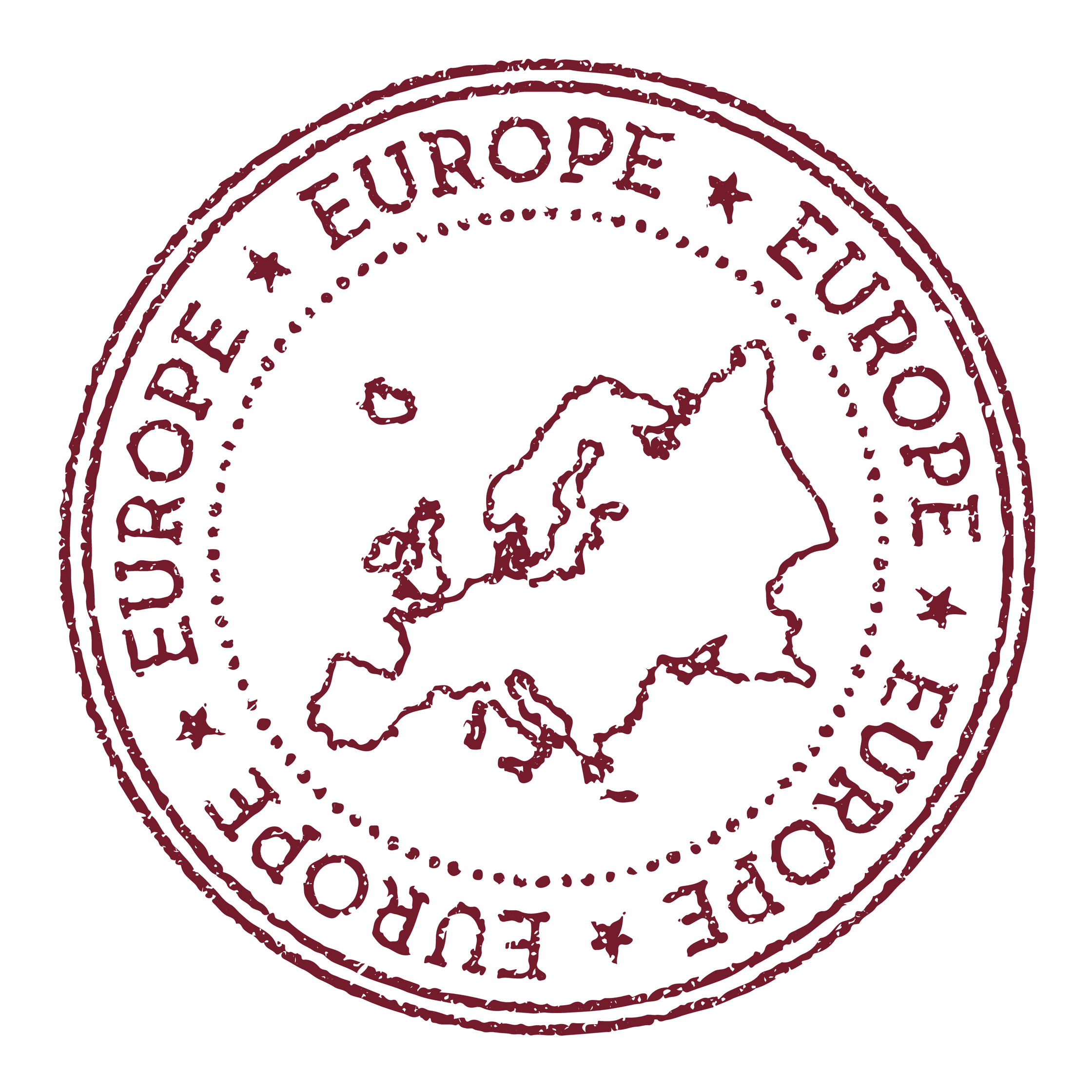Destinations Round Rubber Postage Stamp, with an outline of the continent in the centre, and the word Europe written around the edge of the circle.