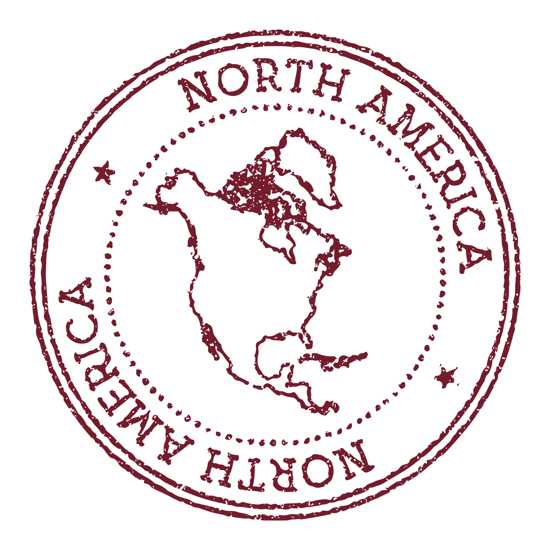 Destinations Round Rubber Postage Stamp, with an outline of the continent in the centre, and the words North America written around the edge of the circle.