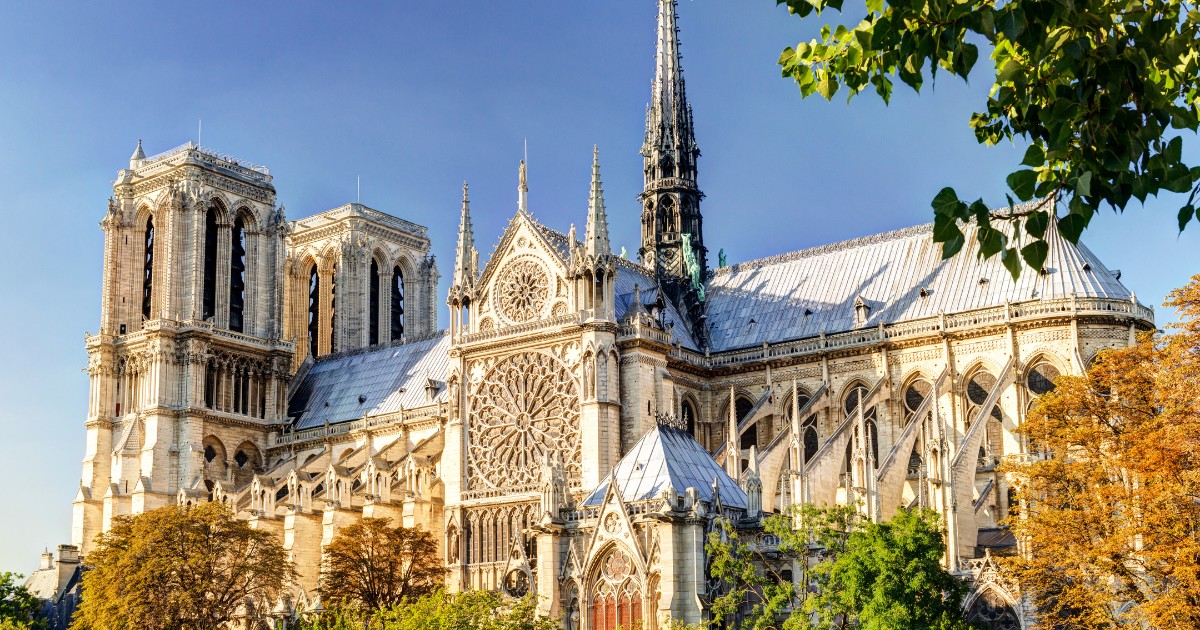 Notre Dame de Paris cathedral, France. Old Notre Dame is famous historical landmark of city. Scenery of Gothic church, nice architecture in summer