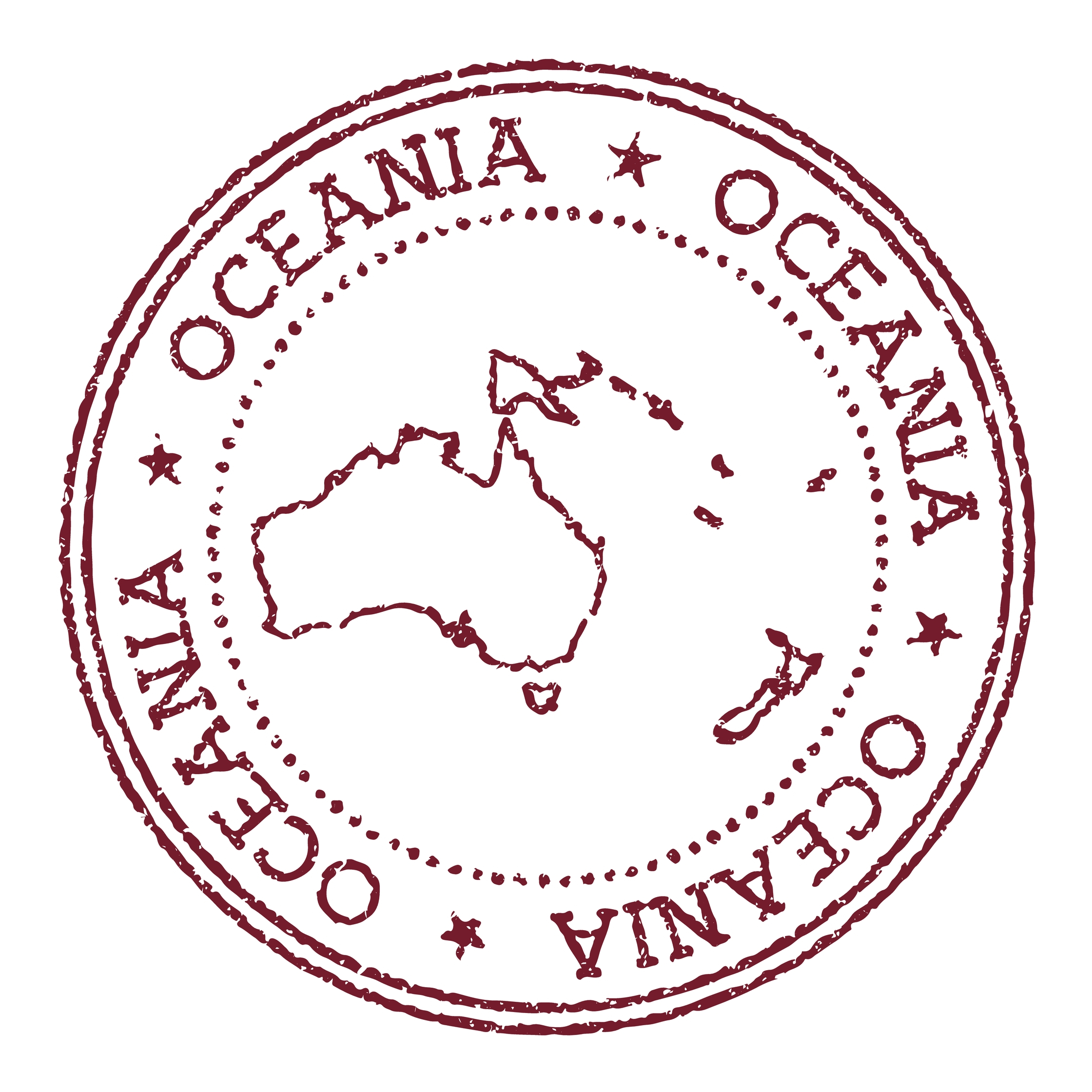 Destinations Round Rubber Postage Stamp, with an outline of the continent in the centre, and the word Oceania written around the edge of the circle.