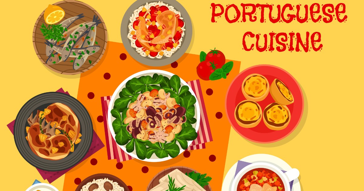 Portuguese cuisine lunch icon with grilled sardine, chicken stewed in wine with rice, fish tomato soup, custard tart, octopus bean salad, fried rabbit, dried