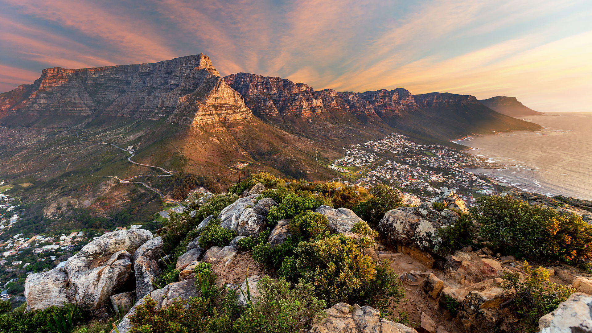 Destinations: Table Mountain at sunset in South Africa, Africa