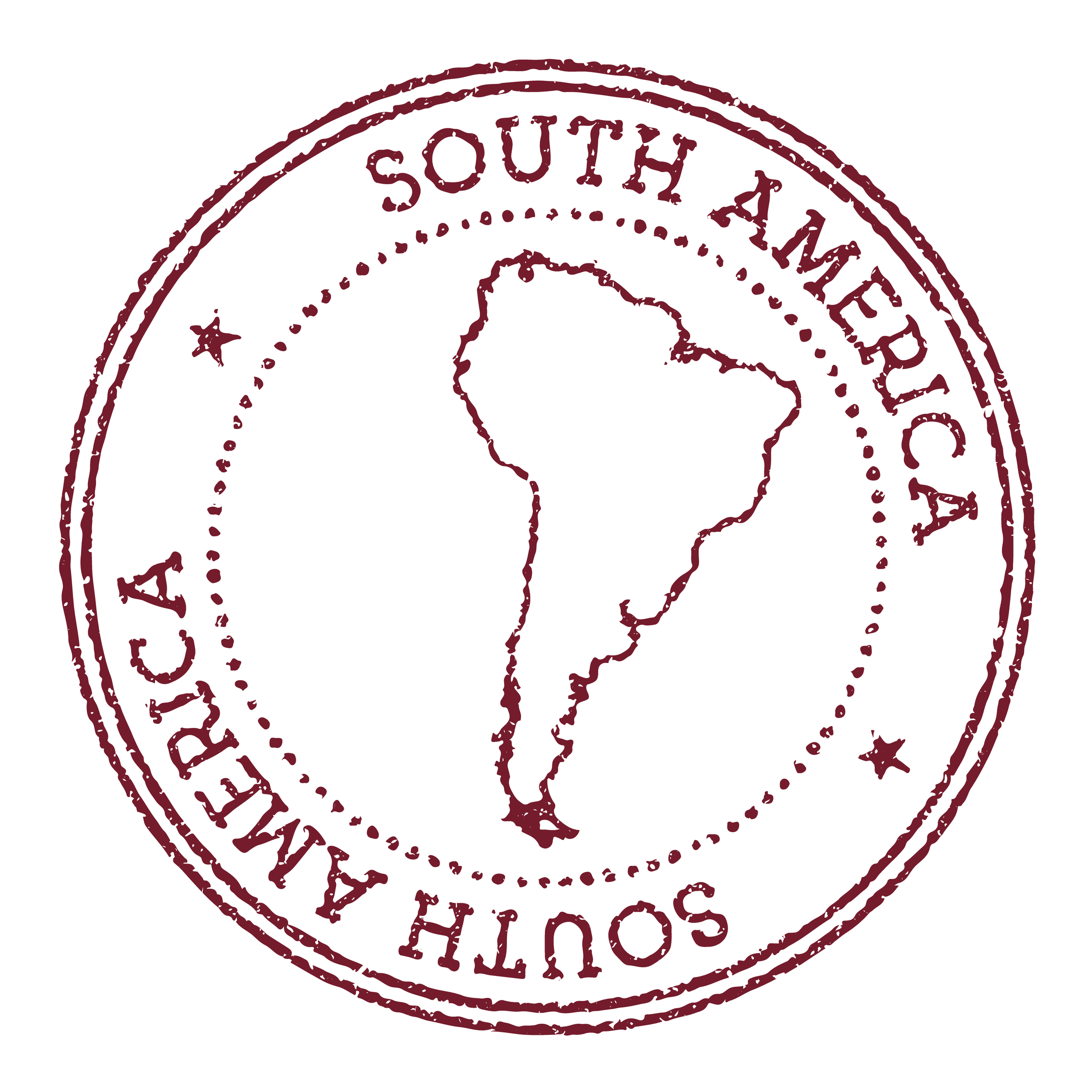 Destinations Round Rubber Postage Stamp, with an outline of the continent in the centre, and the words South America written around the edge of the circle.