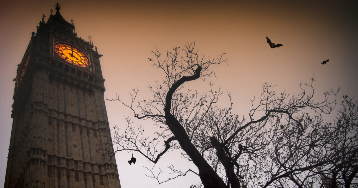The spooky clock tower of Westminster with a bare tree and flying bats