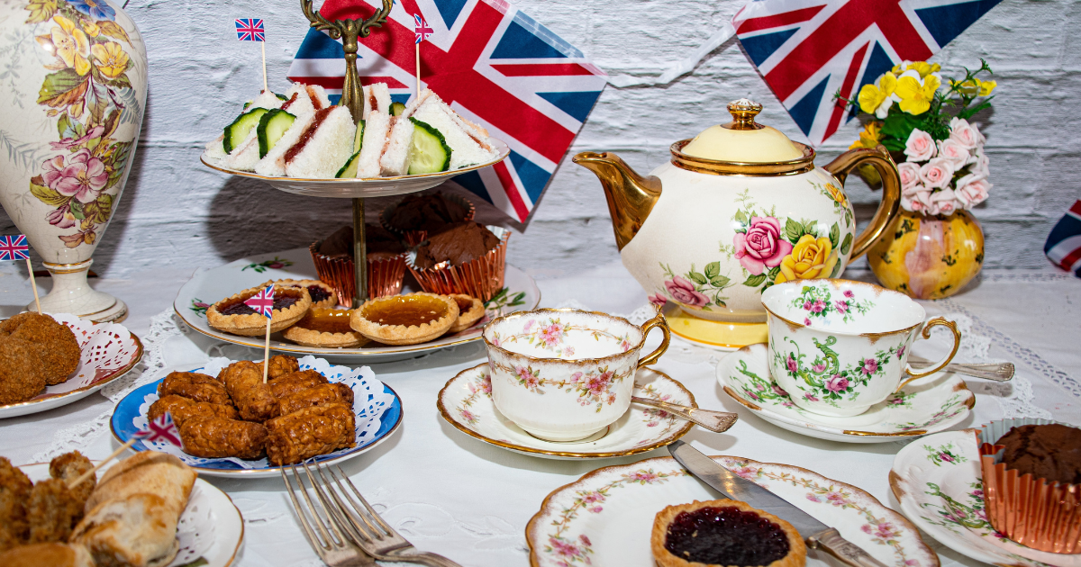 cream tea street party food red white and blue flags with celebration Union jack