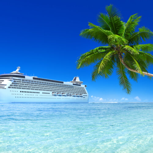 Cruise ship off tropical beach • Cruises by Holiday Hamster